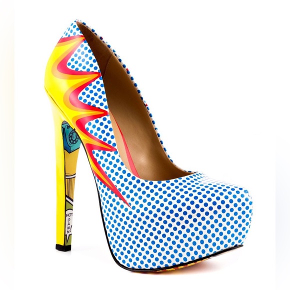 TAYLOR SAYS TALIA COMIC EXPLOSION blue white polka dot yellow red platform heels - Picture 2 of 14